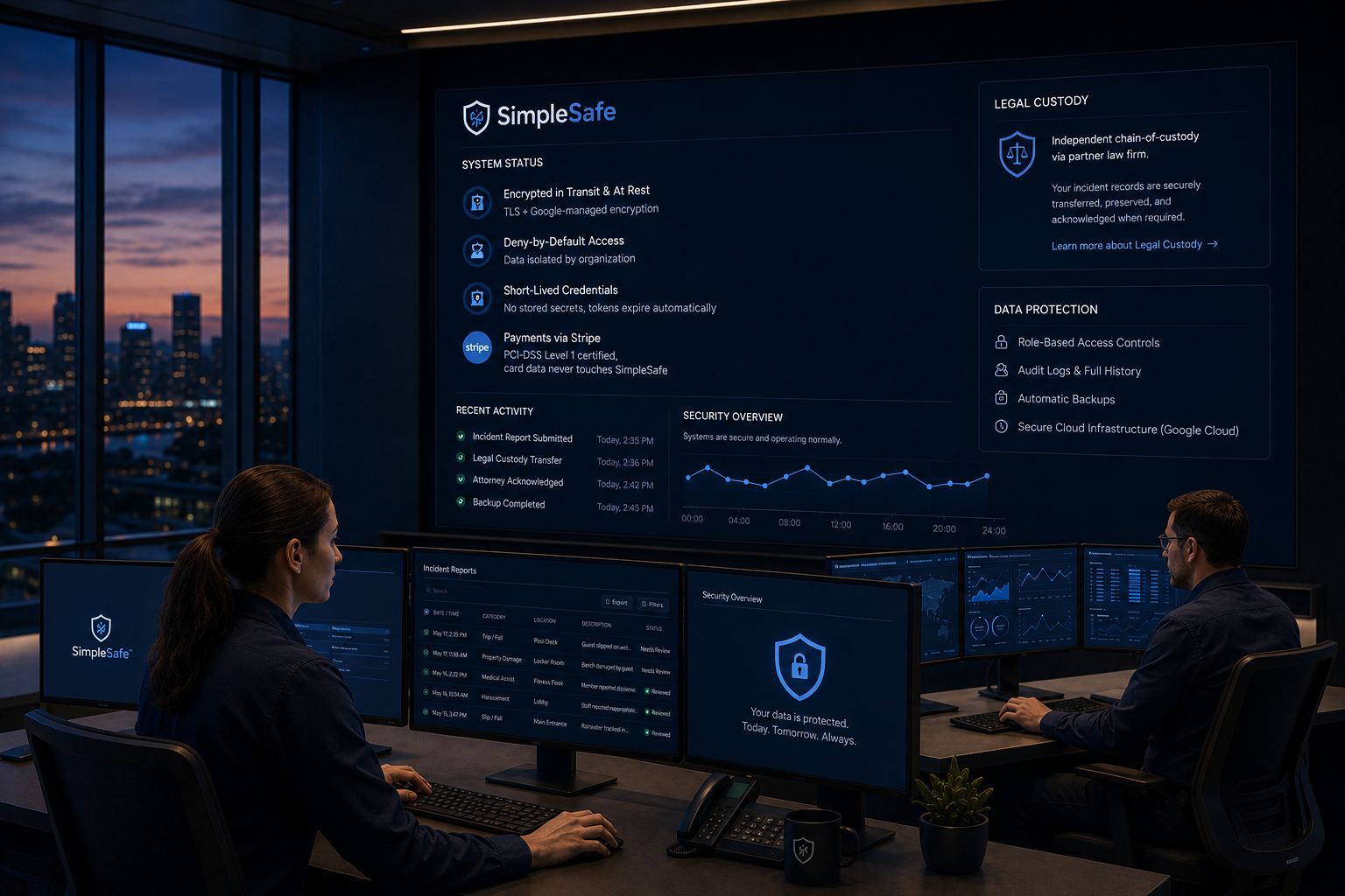SimpleSafe security and legal custody dashboard displayed in an operations setting